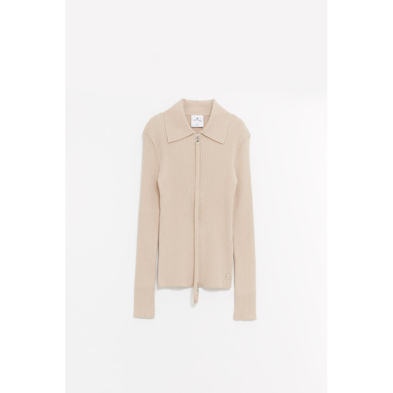 COURREGES DARK SAND DOUBLE ZIPPED RIB KNIT CARDIGAN