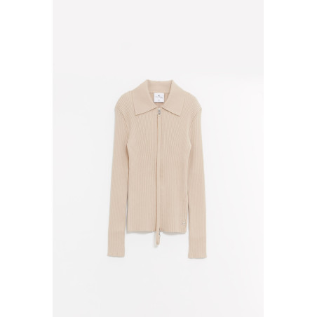 COURREGES DARK SAND DOUBLE ZIPPED RIB KNIT CARDIGAN