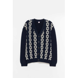 LOUVOIS NAVY CHAIN INTARSIA CARDIGAN