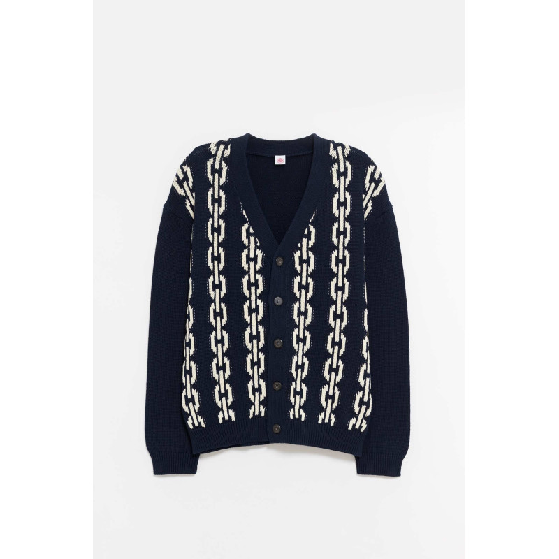 LOUVOIS NAVY CHAIN INTARSIA CARDIGAN