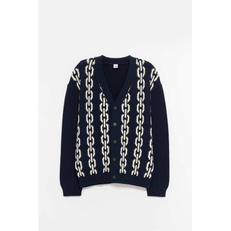 LOUVOIS NAVY CHAIN INTARSIA CARDIGAN