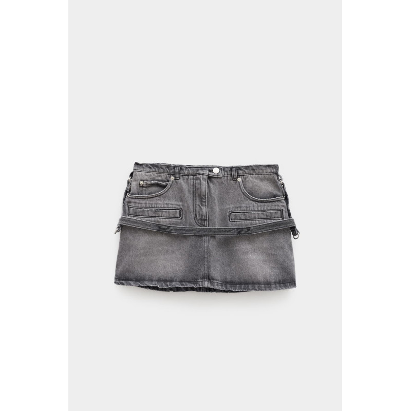 COURREGES STONEWASHED GREY STRAP DENIM MINI SKIRT
