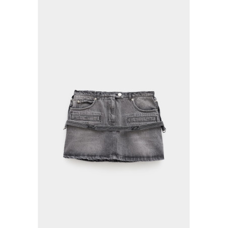COURREGES STONEWASHED GREY STRAP DENIM MINI SKIRT