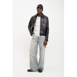 COURREGES BLACK BUCKLE VINTAGE LEATHER TRUCKER JACKET