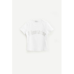 BLUMARINE WHITE RHINESTONES LOGO RIBBED T SHIRT