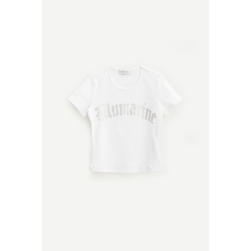 BLUMARINE WHITE RHINESTONES LOGO RIBBED T SHIRT