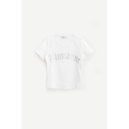 BLUMARINE WHITE RHINESTONES LOGO RIBBED T SHIRT