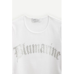 BLUMARINE WHITE RHINESTONES LOGO RIBBED T SHIRT