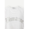 BLUMARINE WHITE RHINESTONES LOGO RIBBED T SHIRT