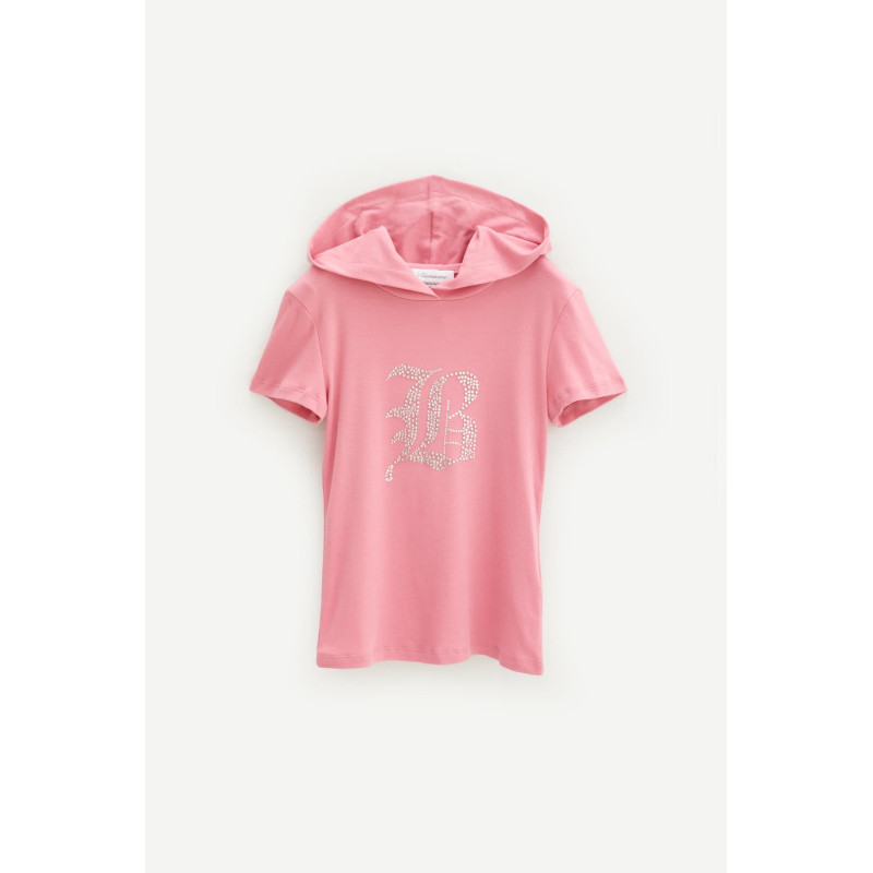 BLUMARINE BUBBLEGUM GOTHIC RHINESTONE HOODED T SHIRT